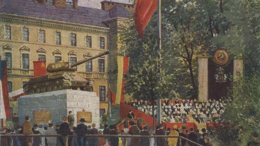 Obraz Václava Wilda k odhalení smíchovského pomníku (dobová pohlednice)