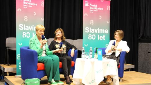 Den otevřených dveří Českého rozhlasu České Budějovice. Na talkshow s posluchači přijely televizní hlasatelky Marie Retková a Marie Tomsová