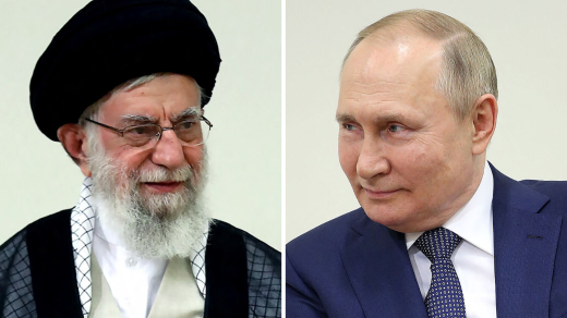 Íránský duchovní vůdce ajatolláh Alí Chameneí a ruský prezident Vladimir Putin