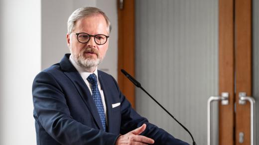 Premiér Petr Fiala (ODS) na tiskové konferenci k následným krokům v souvislosti s rezignací ministra spravedlnosti Pavla Blažka