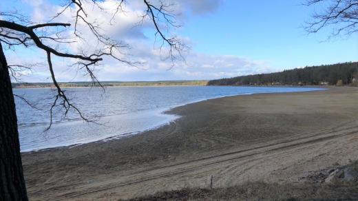 Obnažené dno rybníka Dvořiště na Třeboňsku, sucho, málo vody