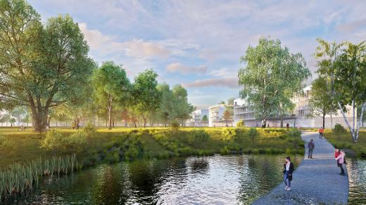 Vizualice nové městské čtvrti Dvorce v Táboře. Vítězný návrh týmu Norma Architekti, Sporadical a dvojice Steiner – Malíková