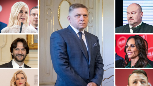 Jaká bude čtvrtá vláda Roberta Fica? Levý sloupec shora Denisa Saková (Hlas), Robert Kaliňák (Smer) a Martina Šimkovičová (za SNS). Pravý sloupec shora Rudolf Huliak (za SNS), Zuzana Dolinková (Hlas) a Matúš Šutaj Eštok (Hlas)
