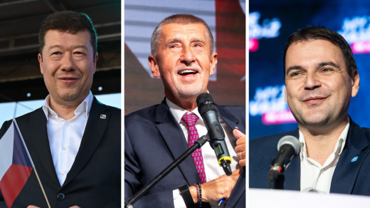 Předsedové tří stran, které jednají o budoucí vládě. Zleva Tomio Okamura (SPD), Andrej Babiš (ANO) a Petr Macinka (Motoristé sobě)