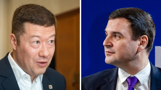 Předsedové SPD a Motoristů Tomio Okamura (vlevo) a Petr Macinka