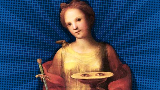 Svatá Lucie bývá zobrazována například s mečem a očima na talířku (koláž Český rozhlas)