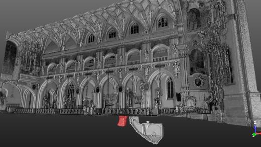 Virtuální model kostela Nanebevzetí Panny Marie v Kladsku a umístění hrobu Arnošta z Pardubic