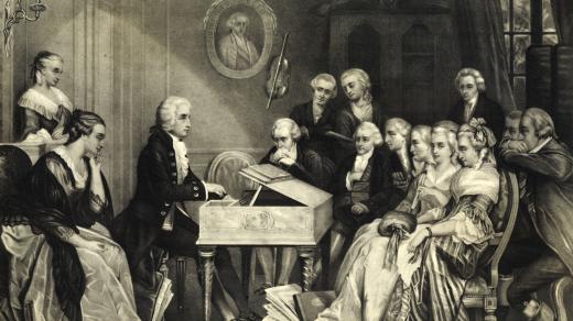 Wolfgang Amadeus Mozart hraje přátelům ve Vídni (konec 18. století)