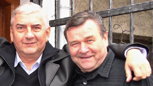 Miroslav Donutil a Václav Postránecký během natáčení Sklípku