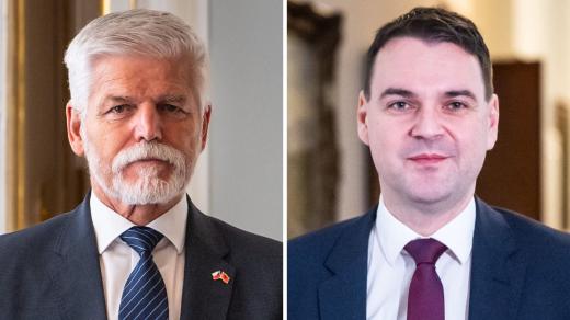 Prezident Petr Pavel a Petr Macinka, ministr zahraničí, pověřený ministr životního prostředí a předseda Motoristů