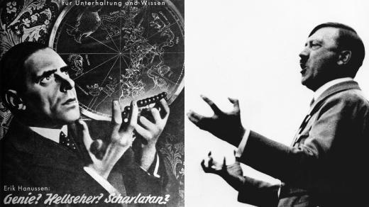 Vlevo: Erik Jan Hanussen na obálce magazínu Kritall okolo roku 1930. Vpravo: Adolf Hitler během svého projevu v roce 1934