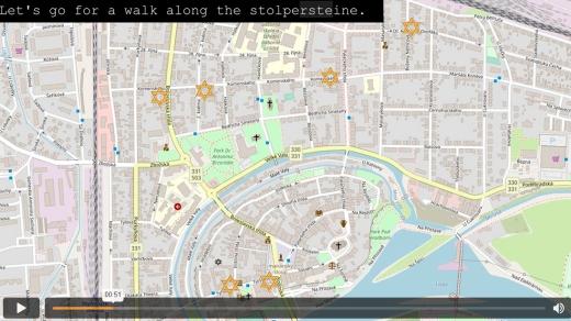 Mapka s místy, kde jsou v Nymburce díky Klubu moderní historie Stolpersteiny. Mapka je součástí videa projektu My Hometown