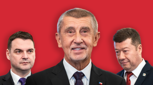 Předsedové koaličních stran. Zleva Petr Macinka (Motoristé), Andrej Babiš (ANO) a Tomio Okamura (SPD)
