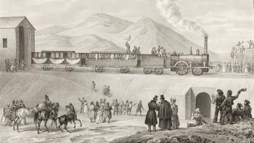 První zkušební jízda parního vozu v Rakousku na Severní dráze císaře Ferdinanda dne 14. listopadu 1837 na dobové litografii