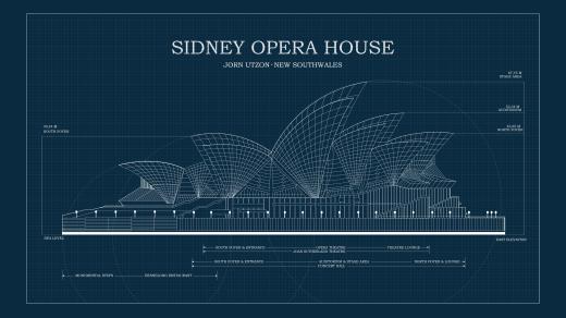 Architektonický plán Opery v Sydney. Jorn Utzon