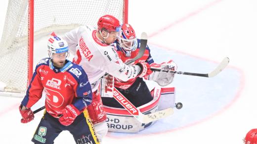 Zleva Vladimír Sobotka z Pardubic, Matěj Kubiesa z Třince, brankář Roman Will z Pardubic