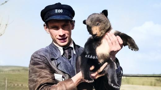 Ošetřovatel Zoo Praha s medvídětem (1939, digitálně kolorováno)