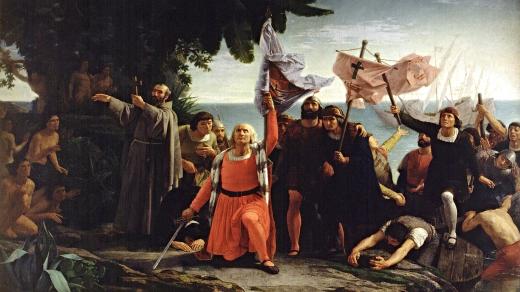 Obraz První vylodění Kryštofa Kolumba v Americe od malíře Dióscora Teófila Puebly Tolína z roku 1862