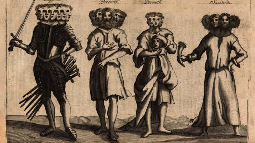 Vyobrazení slovanských bohů ze spisu A. Sammese Britannia antiqua illustrata (1676)