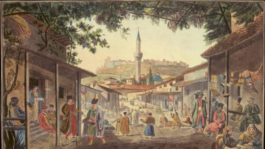 Malba trhu před Handriánovou knihovnou v Aténách, kolem let 1800–1830. Atény, Muzeum Benaki.