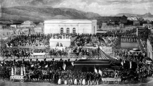 Slavnost ke korunovaci Ferdinanda I. Dobrotivého v září 1836 na dobové rytině
