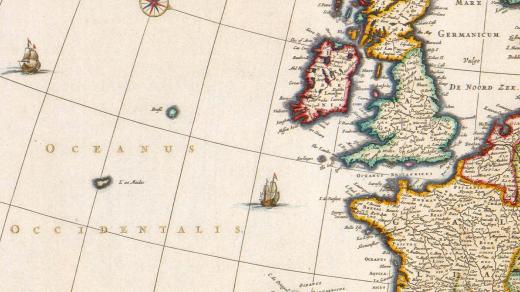 Fiktivní ostrovy Brasil a Mayda (L'as Maidas) v Atlantiku na mapě z atlasu dánského kartografa Nicolaese Visschera II, vydaného kolem roku 1680