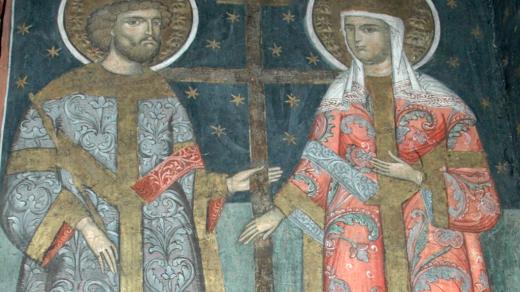 Císař Konstantin a jeho matka Helena na fresce z rumunského kláštera Surpatele