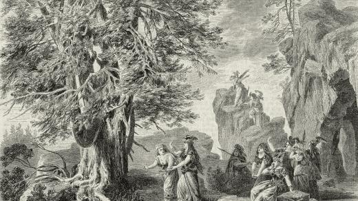 Scénický návrh pro scénu Josefa Hoffmanna první provedení kompletního cyklu Prsten Nibelungův v roce 1876