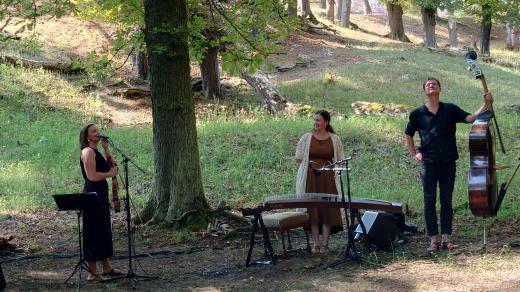 Zleva Petra Jelénková, Barbora Šilhánová, Petr Tichý, obora Náměšť nad Oslavou 2026  Projekt Old Forest Echoes