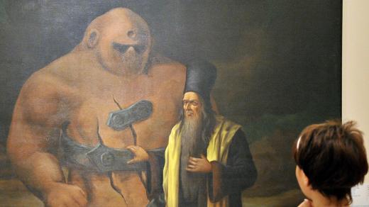 Olej namalovaný pro Fričův film Císařův pekař a pekařův císař zobrazuje Rabi Löwa s Golemem