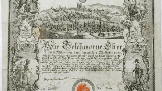 Vysvědčení vydané 9. 1. 1822 cechem krejčích v Praze pro tovaryše Johanna Dlauheho, že u nich dobře pracoval po dobu čtyř let