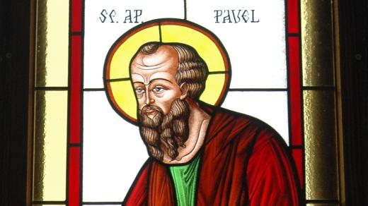Apoštol Pavel. Vitráž v chrámu sv. Dumitru v rumunském městě Suceava
