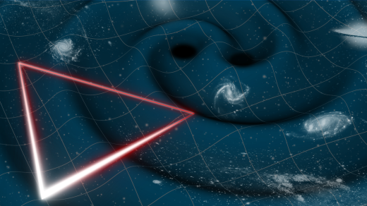 Srážka dvou černých děr vytváří vlny ve struktuře časoprostoru. Trojúhelník znázorňuje polohu tří satelitů LISA a laserových paprsků, které budou mezi nimi putovat