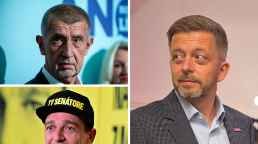 Předseda ANO Andrej Babiš (vlevo nahoře), šéf lidovců Jan Grolich (pod ním) a Vít Rakušan (vpravo)