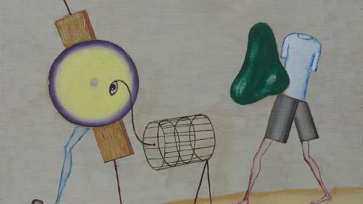 Viktor Pivovarov: Procházka s pštrosem, 2023, olej, plátno, 52 x 68 cm