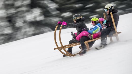 Rodina jede na tradičních krkonošských saních, takzvaných rohačkách