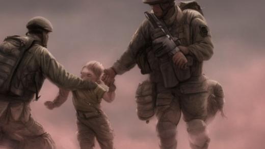 Obrázek vytvořený neuronovou sítí Stable Diffusion na základě zadání "a soldier abduct children from battlefield"