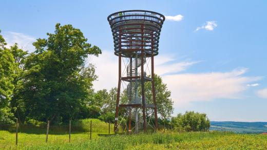 Rozhledna Radošov ve tvaru číše odkazuje na vinařský region Veselska