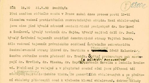 Textový podklad pro dobové rozhlasové zpravodajství z 30. 5. 1950