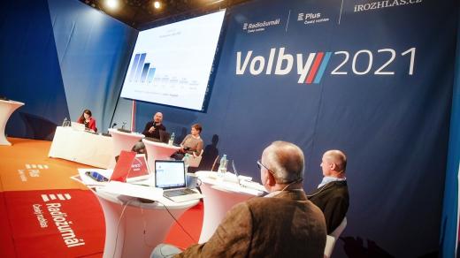Volební studio Plusu a Radiožurnálu s Janem Pokorným a Janem Bumbou
