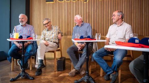 Zdeněk Svěrák, Miloň Čepelka, Petr Brukner a Miroslav Táborský během besedy na Radiožurnálu