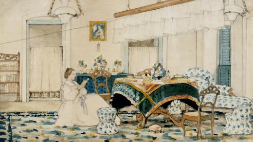 Žena čtoucí knihu v přepychově zařízené místnosti