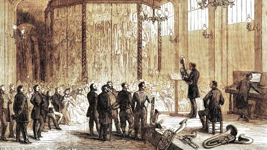 Adolphe Sax ve svém showroomu v Paříži (1864)