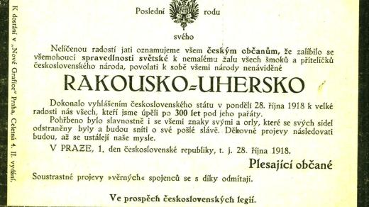 Satirické úmrtní oznámení k zániku Rakousko – Uherska vydané v Praze v 1. den existence Československého státu ve prospěch československých legií