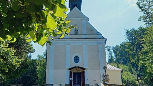 Čelní pohled na poutní kostel Panny Marie Sněžné na Malenisku