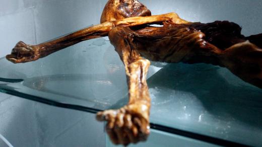 Ötzi, přírodní mumie stará přibližně 5300 let, nalezená v roce 1991 na italské straně hranic v Ötztalských Alpách, je dnes vystavena v muzeu v Bolzanu