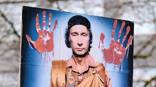 Transparent s karikaturou Vladimira Putina během demonstrací na podporu Ukrajiny