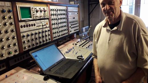 Paul Pignon preparing his patch on the EMS Synthi 100 for the opening, March 2018