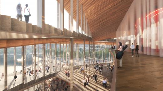 Vizualizace nové budovy filharmonie v Praze od dánského studia Bjarke Ingels Group. Stát má na levém břehu Vltavy v lokalitě Vltavská