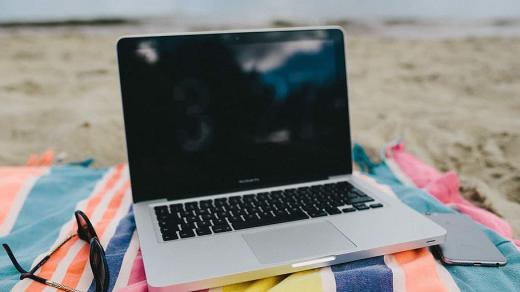 notebook, počítač, pláž, moře, homeoffice